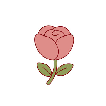 Hand drawn single red rose flower bud with green leaves vector illustration isolated on white background
