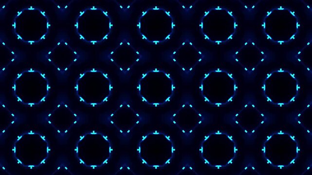 Blue glowing kaleidoscope pattern combines with repeating geometric dark structures, creating seamless looping symmetry for tron backgrounds, posters, wallpapers, and high-tech decoration.