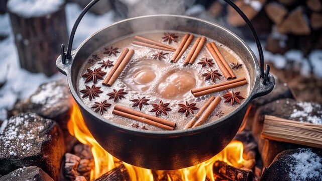 Spiced mulled wine simmering in cast iron cauldron over open campfire. Winter outdoor cooking in snowy forest. Lockdown close-up shot.