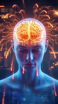 Brain activity visualization with neural network interfaces and data HUD. Lockdown shot of digital human head with glowing orange brain and synaptic bursts.