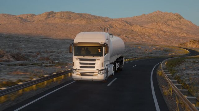 A camera tracks a white tanker semi truck from the front three-quarter angle as it rounds a bend on a two-lane road through rugged, sunlit desert hills.