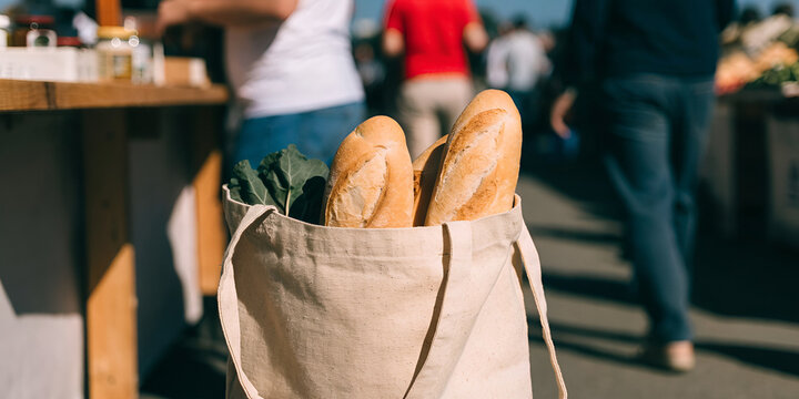Reusable canvas shopping bag with baguettes and greens at a sunlit market
