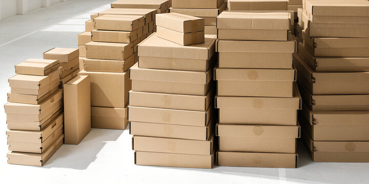 Neatly stacked flat-packed cardboard boxes on a clean warehouse floor