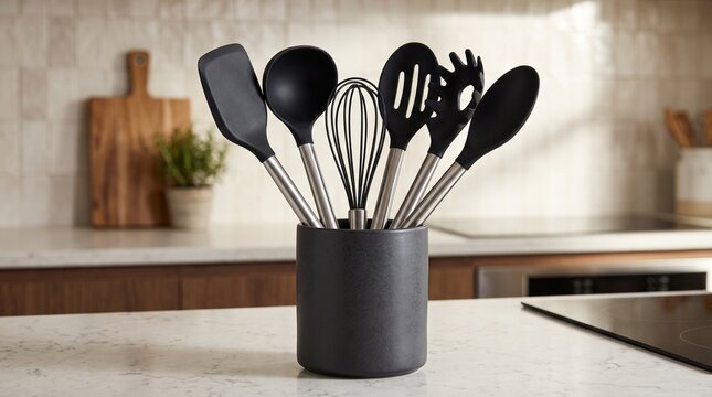Black Kitchen Utensils Organized in a Holder