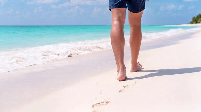 Man walking barefoot on white sand beach leaving footprints. Tropical vacation and relaxation concept. Low angle tracking shot.