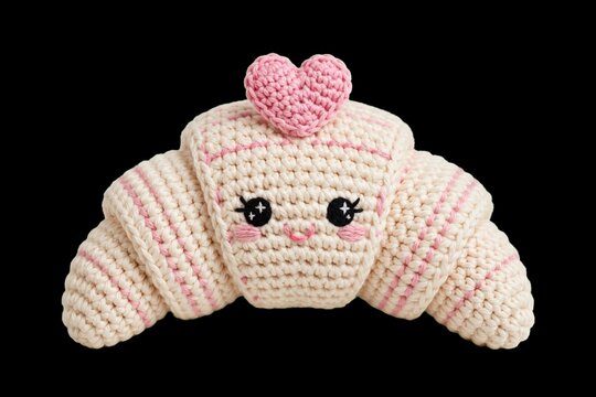 Handmade amigurumi crochet character of a cute kawaii croissant with a happy face and pink heart on top, isolated on black background for Valentine's Day or bakery cafe branding.