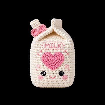 Handmade amigurumi crochet character of a smiling milk carton with a pink heart and embroidered face, isolated on black background for nursery decor or hobby concept.