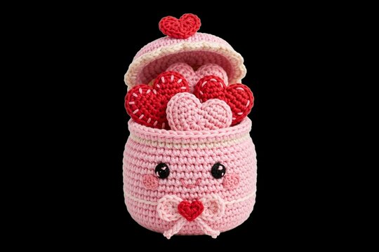 Amigurumi crochet craft of a charming pink kawaii character basket overflowing with red and pink hearts, isolated on a black background for a sweet Valentine's Day gift concept.
