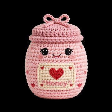 Kawaii amigurumi crochet craft of a charming pink honey pot with a smiling face and embroidered hearts isolated on black for a romantic Valentine's Day gift concept.