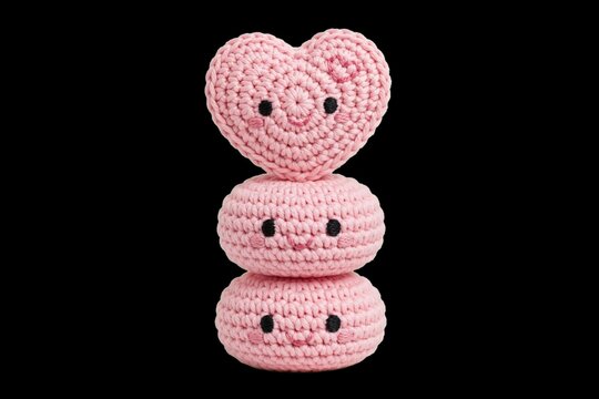 Amigurumi crochet handmade craft of three cute smiling pink characters stacked together with a heart on top, isolated on a black background for a Valentine's Day or love concept.