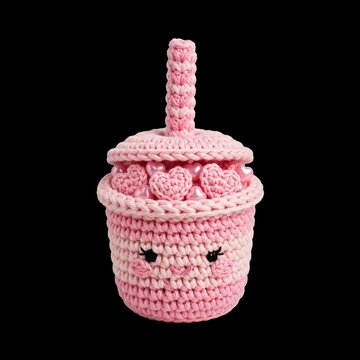Handmade crochet amigurumi art of a kawaii pink boba tea cup with a smiling face and heart beads, isolated on black for a romantic Valentine's Day gift idea.