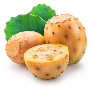 Opuntia fruits with green cactus leaf isolated on white background. File contains clipping path.