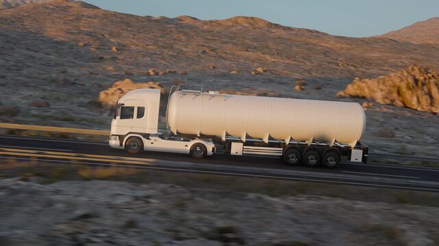 A white tanker semi truck drives across an arid, rocky landscape, filmed in a parallel side tracking shot with passing foreground terrain and warm late-day sunlight.
