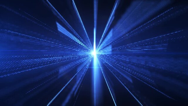 Abstract blue light beams radiating from a brilliant central point, with glowing digital particles and linear trails creating a futuristic high-speed tunnel with cinematic depth.