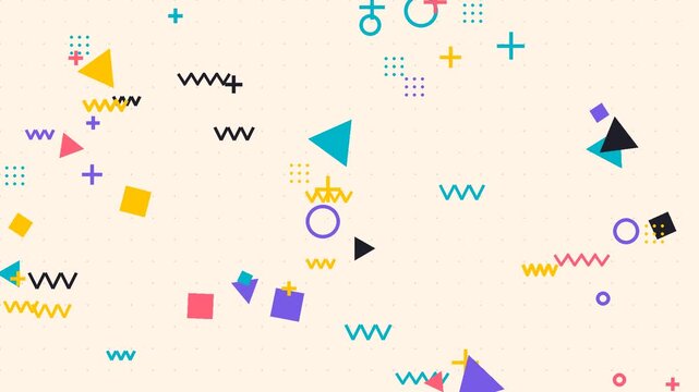 Memphis style geometric shapes loop, colorful triangles, circles, zigzags, squiggles and dots floating on cream, playful 80s 90s pattern background for social media