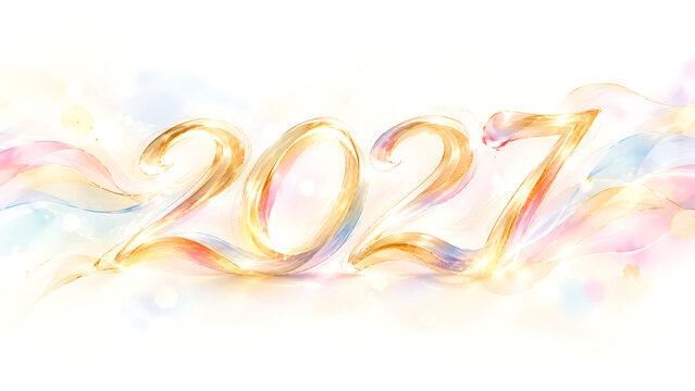 A beautiful watercolor painting features the golden numbers two zero two seven with delicate soft pastel shades and shimmering light effects on