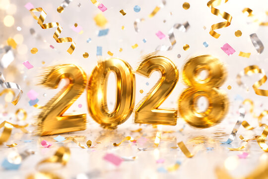 Golden two thousand twenty eight foil balloons and falling confetti celebrate the new years eve or upcoming future events with joyful anticipation