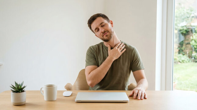 Man stretching neck at wooden desk during work break