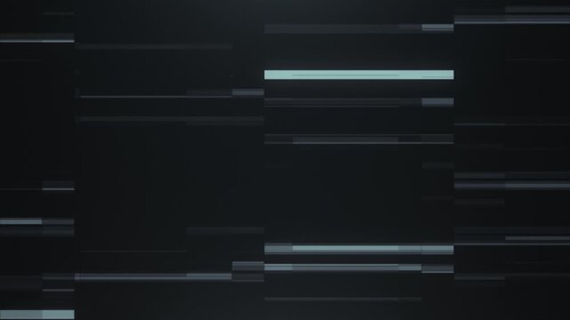 Abstract dark digital background with horizontal glitch bars and subtle cyan highlights, creating a minimalist futuristic technology texture with layered lines and cinematic contrast.