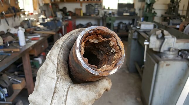 A person in a protective work glove holding a heavily corroded metal pipe with severe mineral buildup and rust scaling inside a blurred industrial workshop environment showing maintenance repair work