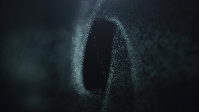 Abstract dark particle vortex forming a swirling oval ring of fine blue-gray particles, creating a mysterious futuristic digital background with smoky textures and atmospheric depth.