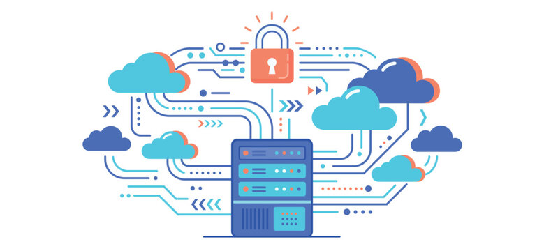 Cloud security and data center network illustration with digital lock, server, and connected cloud computing systems.