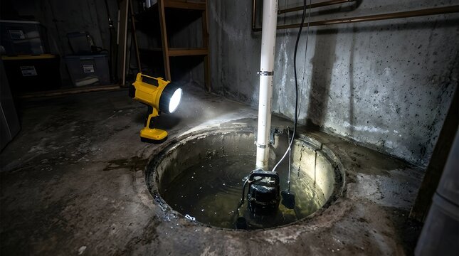 Bright yellow portable work light illuminating a sump pump submerged in dark basement pit with water reflection on concrete floor during home maintenance inspection in a moody dimly lit environment