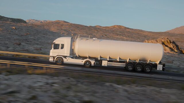 A side tracking camera follows a white semi truck with a silver cylindrical tank trailer as the vehicle moves into and out of frame along a road through rocky desert terrain.