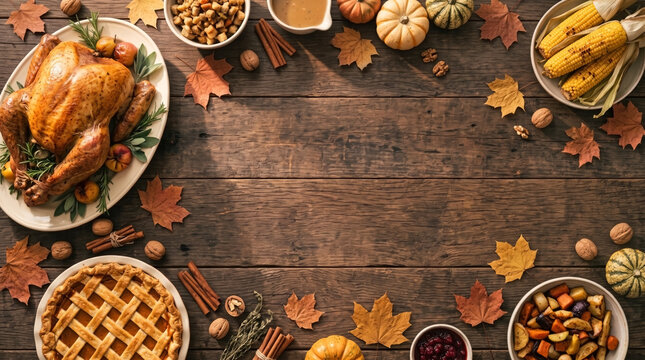 top down view of rustic thanksgiving feast with roasted turkey pumpkin pie and autumn decorations framing empty copy space on dark wooden background