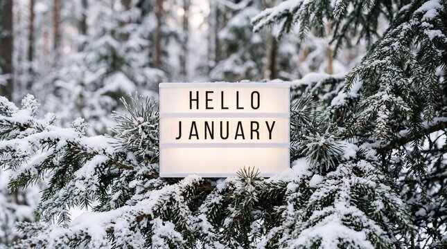 Hello January lightbox sign nestled in snowy pine tree branches in winter forest.