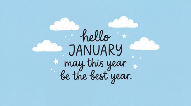 Hello January quote on light blue sky background with white clouds.