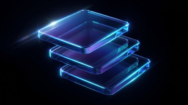 Abstract stack of glowing neon glass plates on black background