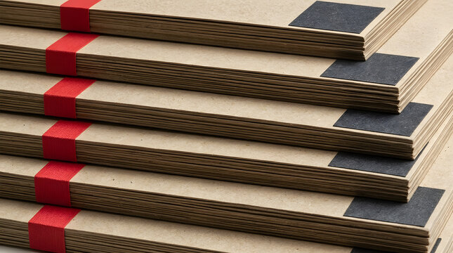 Stacked Kraft Cardboard Sheets with Red Ribbons and Black Labels | Macro Detail of Layered Paper Board Sheets with Decorative Red Bands | Staggered Kraft Paperboard Sheets Composition for Packaging 