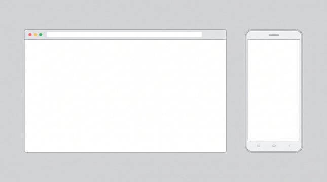 Browser window for computer and mobile. Mockup of web site screen. Template of browser for laptop and smartphone in white simple, flat design. Blank page with search bar and toolbar.