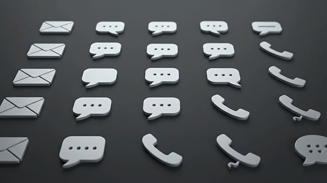 3D icons of communication symbols on a dark grey surface.