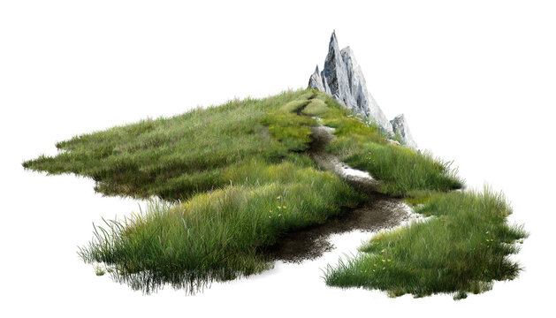 fir tree isolated on white/High detailed grass hill with dirt path leading to rocky peak isolated on white background, render illustration.
