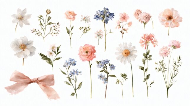 Collection of delicate pink and white wildflowers with green stems and leaves, arranged on a clean white background with a soft pink ribbon bow.