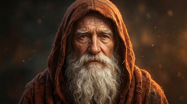 A close up portrait of an elderly man with a long white beard wearing a brown hooded cloak in a dark atmosphere
