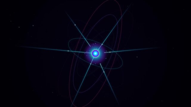 An abstract glowing atom model featuring orbiting electrons and bright light rays in a deep space background creating a futuristic scientific technology animation