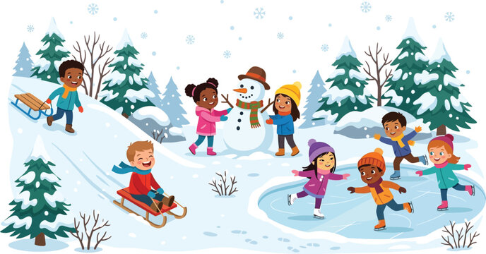 Children enjoying winter activities a colorful vector illustration with snowy evergreen trees wintertime snowfall snowscape sledding ice skating