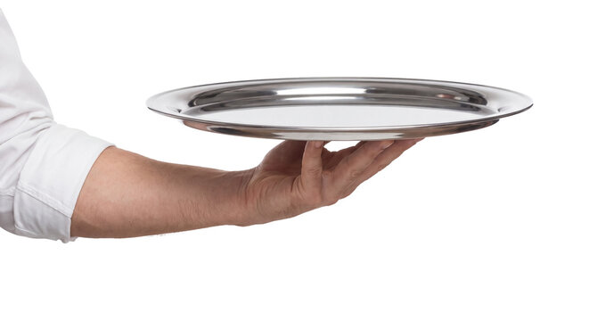 A waiter&rsquo;s hand holding an isolated, empty silver serving tray on a transparent background. An ideal product image for designs centered on restaurants, hotels, service, and presentation.