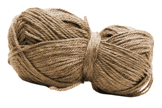 Two connected bundles of brown rustic jute twine on a white backdrop with home decor background craft supply utility fiber art packaging materials textured wrapping decoration