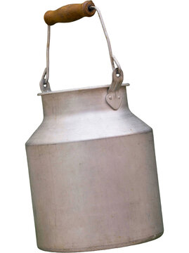 Vintage aluminum milk can with wooden handle on white background churn metal bucket dairy vessel equipment farm tool wood cut out container agriculture
