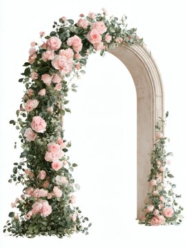 Elegant cream arch covered with soft pink flowers and green foliage, creating a romantic wedding ceremony backdrop in a bright minimalist setting.