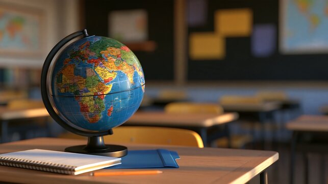 A colorful globe sits on a wooden school desk with a spiral notebook and pencil, blurred classroom background, with maps and chalkboard
