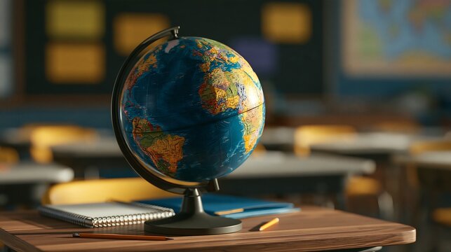 A desktop globe showing south america and africa on a wooden school desk, with a notebook and pencils in a blurred classroom setting