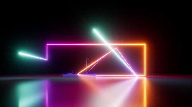 looped 3d animation, abstract background with neon line glowing in the dark. Light moves along the geometric trajectory