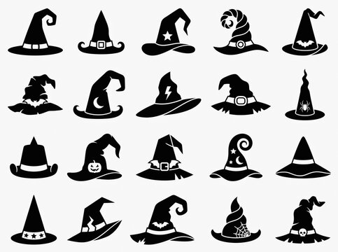 Set of 20 black witch hat silhouettes for Halloween and magic design.