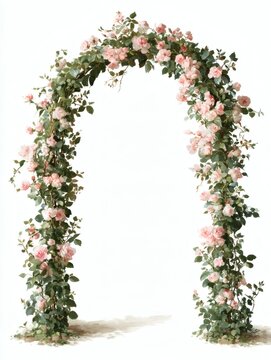 Delicate pink and white floral arch with green leaves, forming an elegant open frame on a clean white background