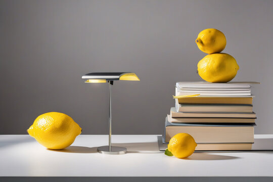 Stack of books and lemons in surreal arrangement